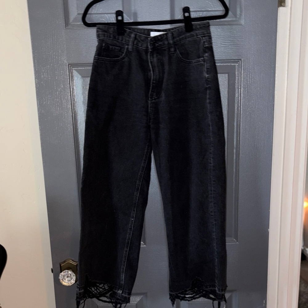 High-Rise Black Cropped Jeans with Fringe Hem